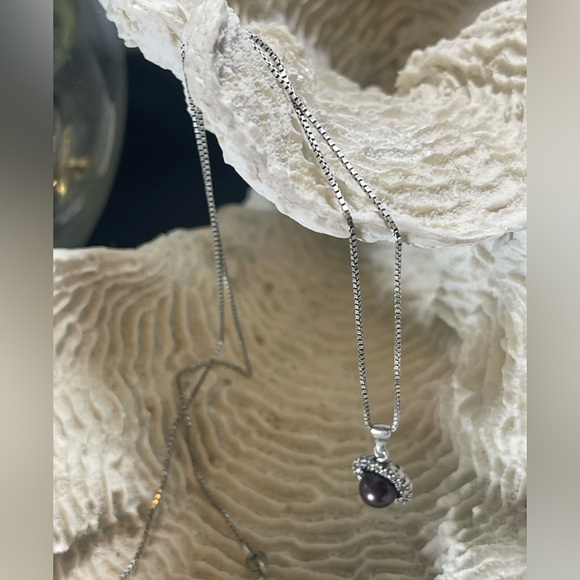 Stunning 925 Italian Sterling Silver Genuine Black Grey Pearl wDiamonds Necklace - Picture 5 of 13